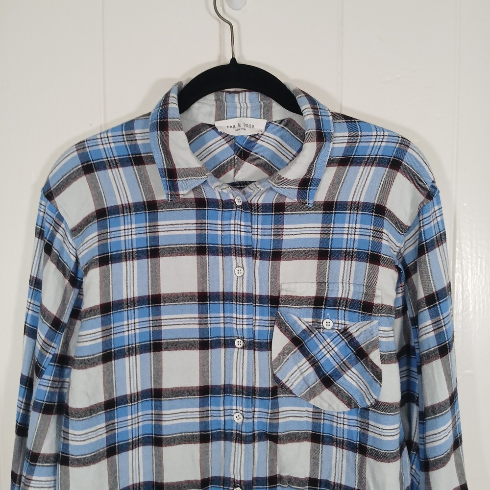 Rag & Bone Flannel Plaid Button Shirt Womens L Blue White Black Long Sleeve